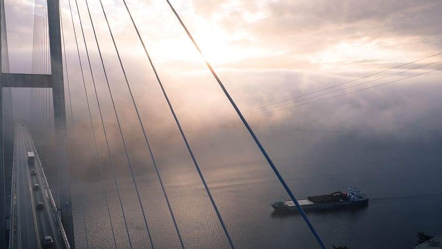 Sailboat on Sea Against Dramatic Sky, bridge, clouds, light, ocean HD wallpaper