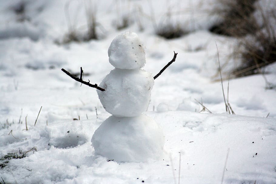 photo of snowman with stick hands on snow filed, cold, winter HD wallpaper