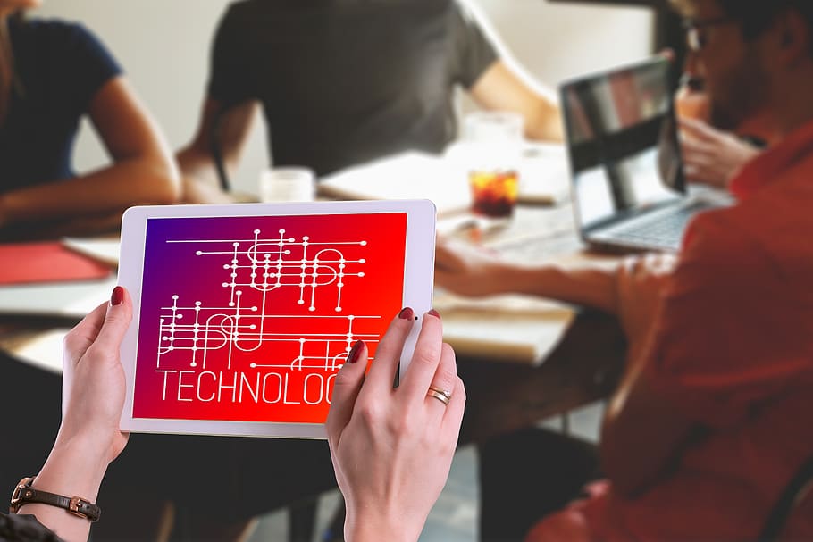 technology, woman, tablet, team, digitization, business, network HD wallpaper