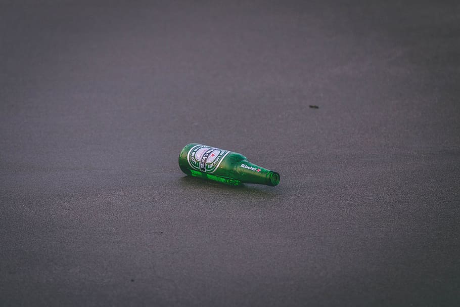 Empty Heineken Bottle on Ground, alcohol, asphalt, beer, beer bottle