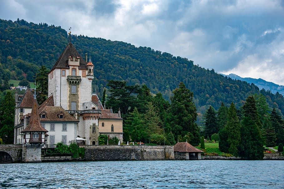 outdoors, architecture, building, plant, tree, water, schloss oberhofen HD wallpaper