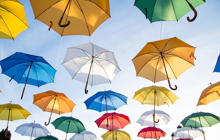Assorted-color Straight Umbrella Hanging on Black Wire, art, creative HD wallpaper