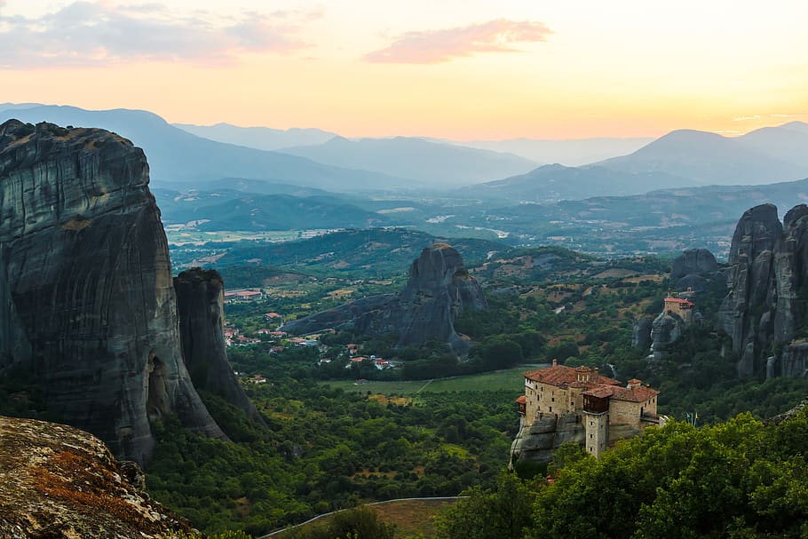mountains, greece, meteora, valley, top, sunset, sky, scenics - nature HD wallpaper
