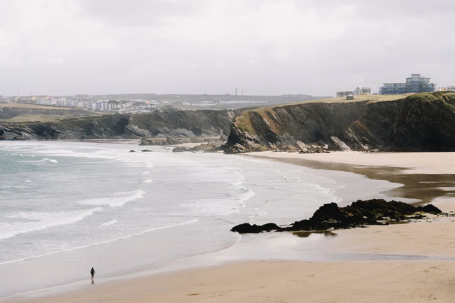 beach, cliff, person, sea, coast, shore, sand, solitude, alone, HD wallpaper