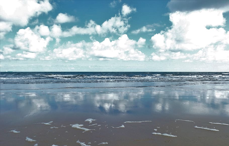 seashore, clouds, ocean, nature, seascape, reflections, beach HD wallpaper