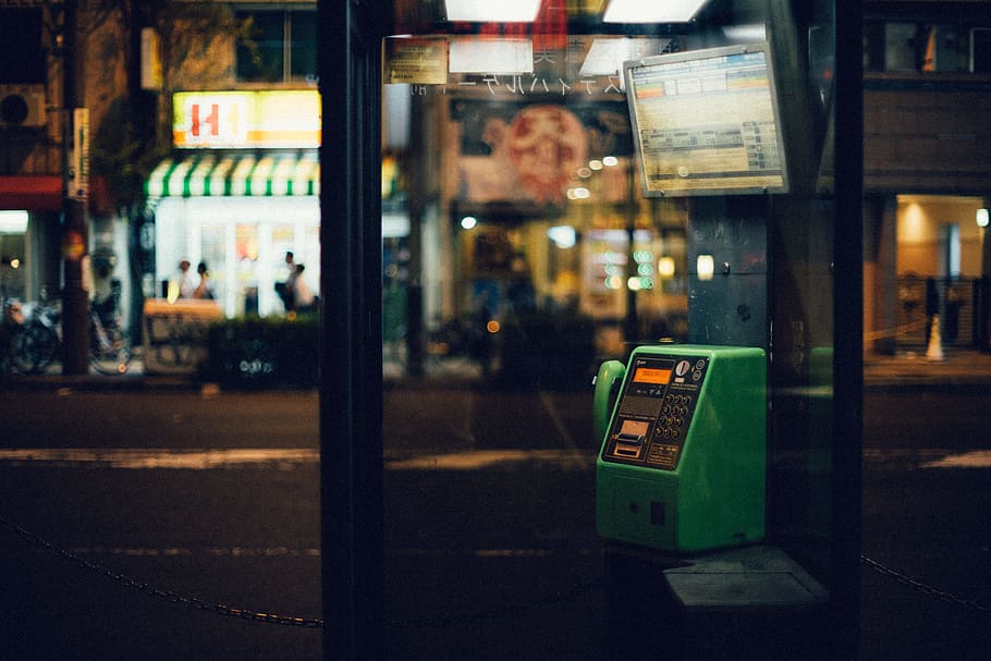 glass phonebooth, osaka, city, architecture, street, communication HD wallpaper