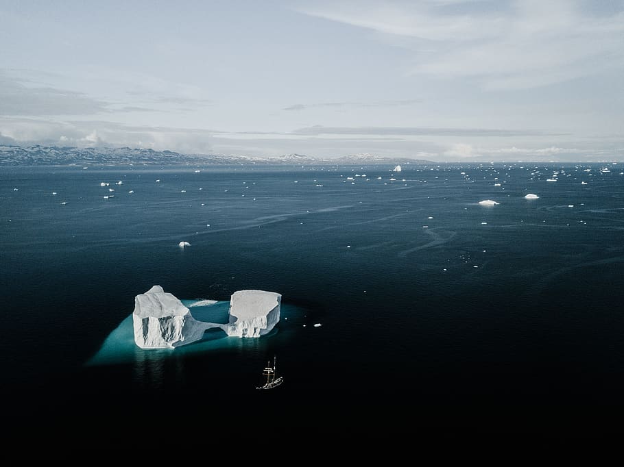 ice bergs on ocean, nature, outdoors, iceberg, snow, boat, vehicle HD wallpaper