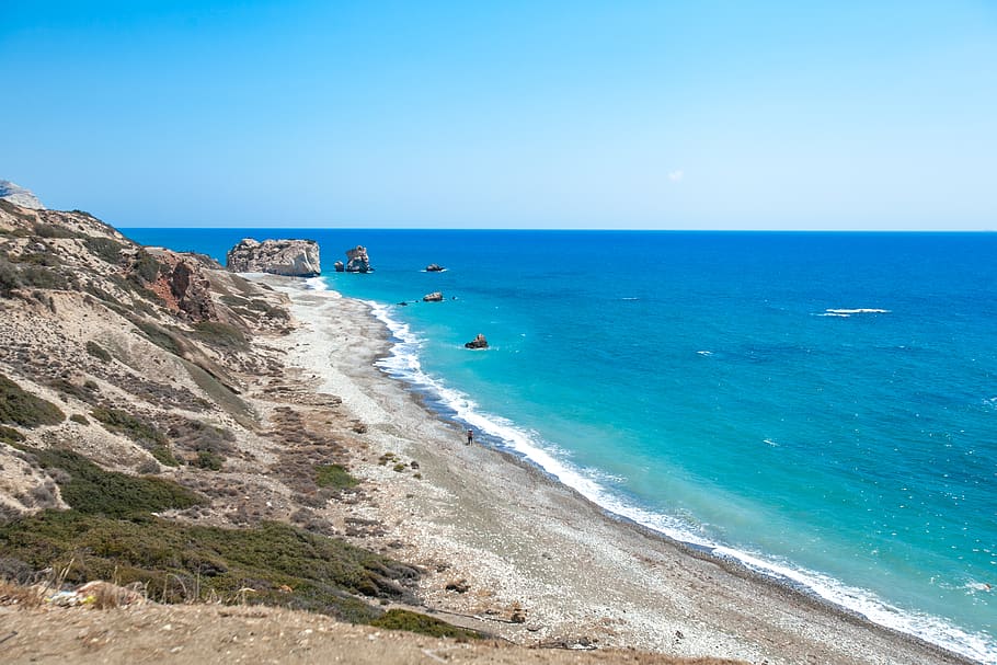 cyprus, paphos, sea, water, beach, horizon, sky, land, horizon over water HD wallpaper