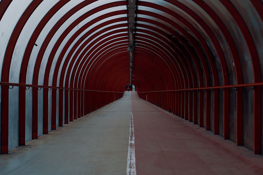 red arch entryway, corridor, path, glasgow, walkway, banister HD wallpaper