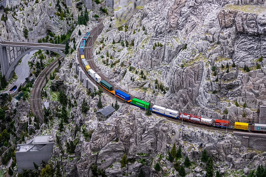 railway, container, mountains, traffic, transport, model railway HD wallpaper