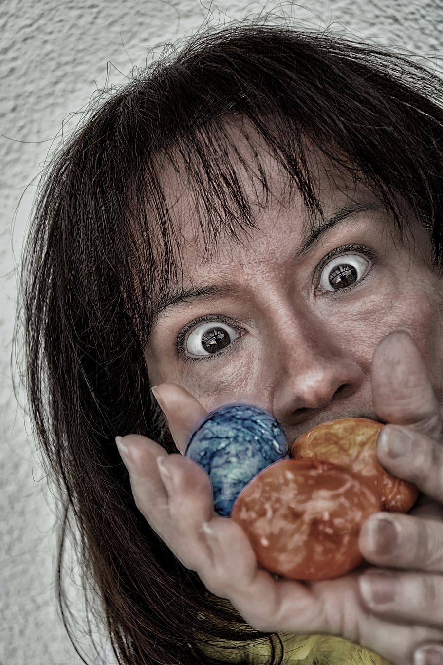 woman, easter, easter eggs, person, funny, colorful eggs, spring HD wallpaper