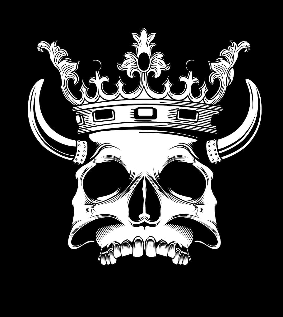 skull, horns, crown, illustration, shirt, print, printing, art, HD wallpaper