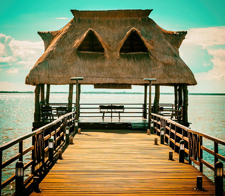 Brown Wooden Hut On Pier, beach, jetty, ocean, resort, sea, tropical HD wallpaper
