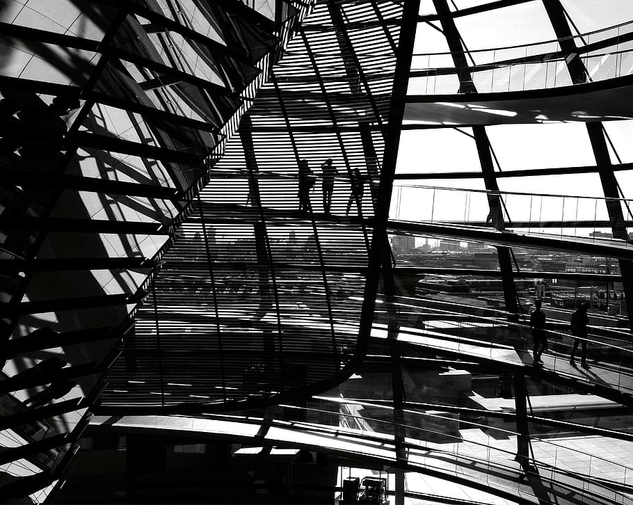 grayscale photography of three people standing inside metal building, HD wallpaper