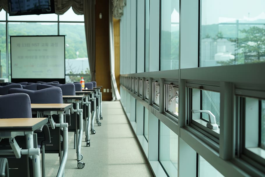 Projector Screen Inside Room With Glass Windows, chairs, empty HD wallpaper