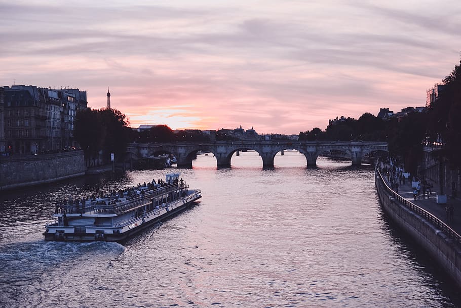 paris, sunset, boat, river, stock paris, city stock, sunset stock HD wallpaper