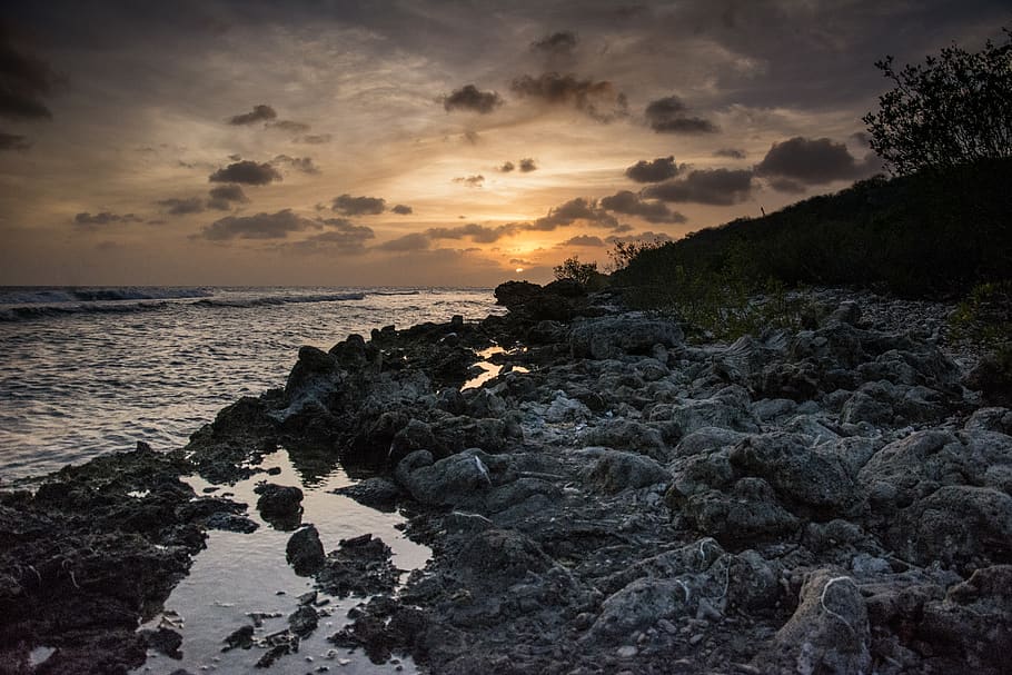 Hd Wallpaper Rocks Near Body Of Wate Coast Curacao Dawn Jan Images, Photos, Reviews