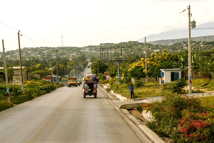 haiti, road, tap tap, truck, mountains, driving, transportation