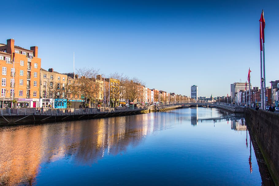 ireland, dublin, river, sun, summer, blue, bridge, postalcard HD wallpaper
