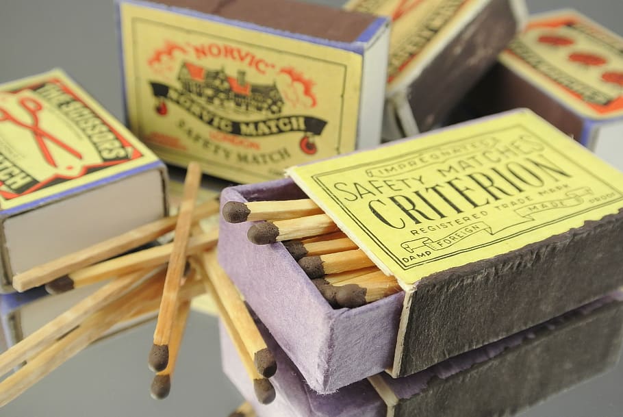 Five Safety Match Boxes on Gray Surface, matchbox, safety matches