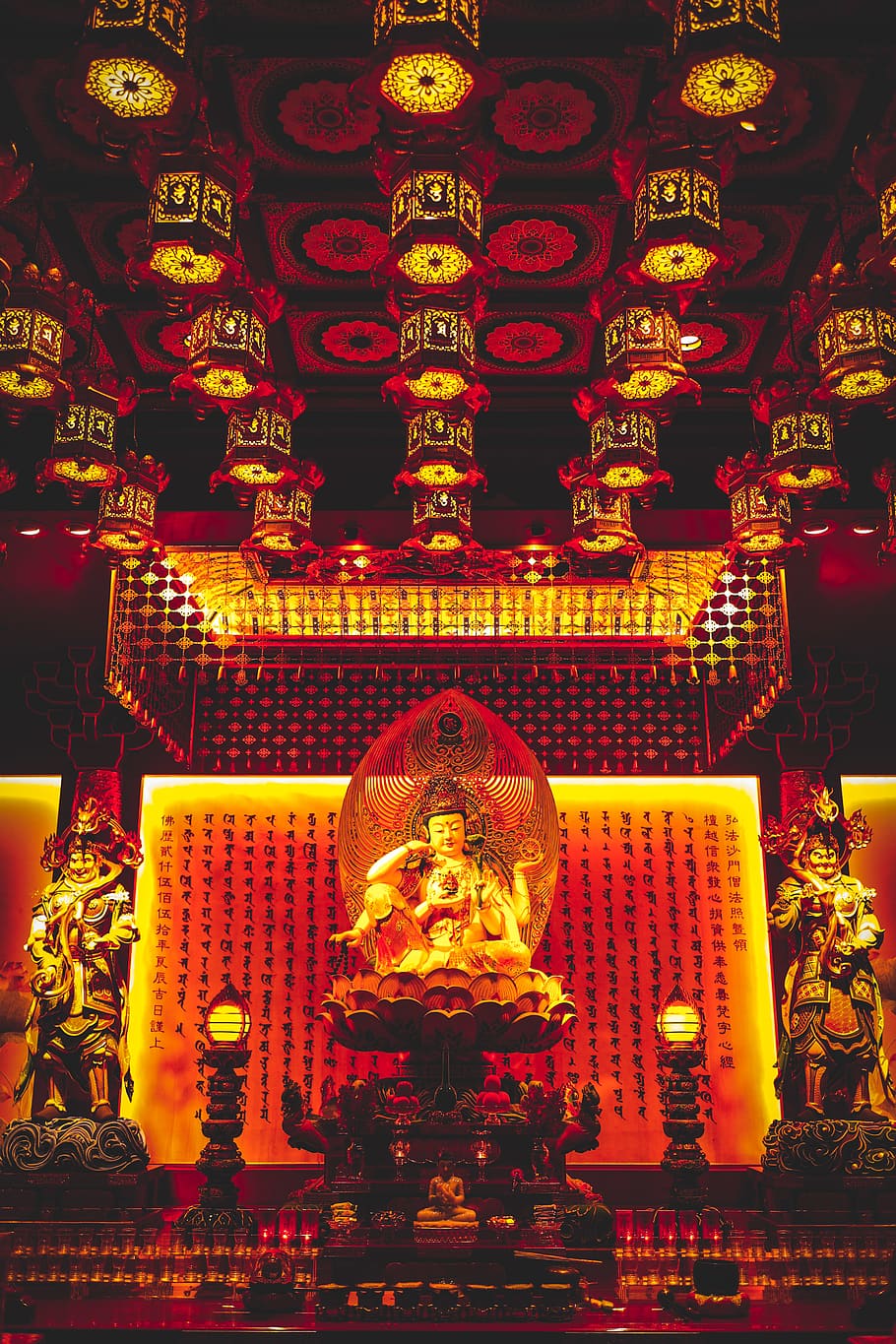 Buddha statues inside building with lights, belief, religion HD wallpaper