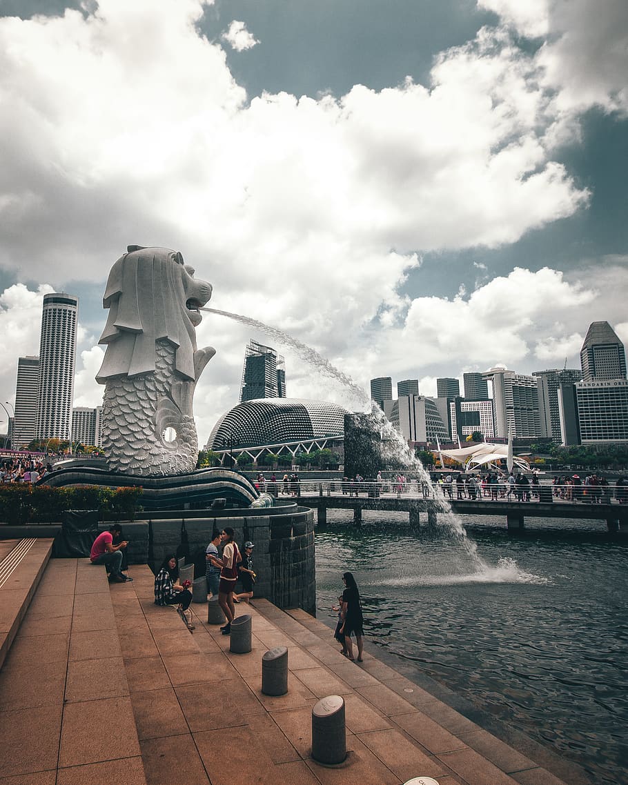 Merlion, Singapore, architecture, bridge, buildings, city, city life, HD wallpaper