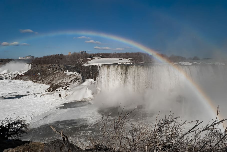 Waterfalls With Rainbow, adventure, clouds, cold, condensation HD wallpaper
