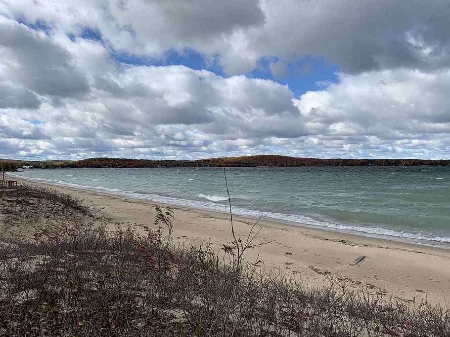united states, charlevoix, dramatic sky, clouds, lake, landscape HD wallpaper