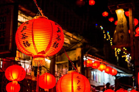 lighted red lanterns at night, lamp, human, person, festival HD wallpaper