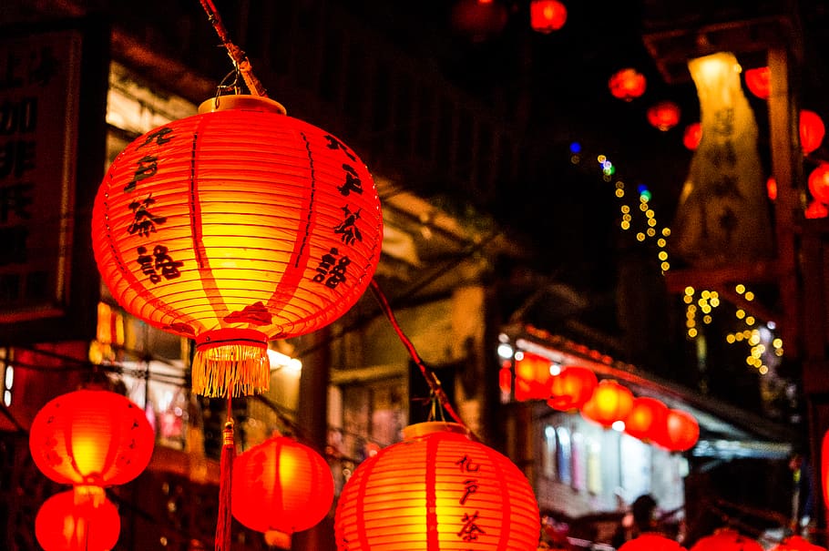 lighted red lanterns at night, lamp, human, person, festival HD wallpaper