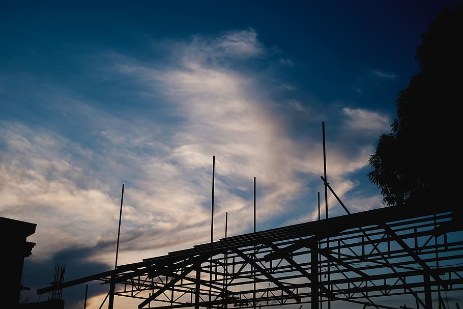 sky, clouds, construction, trees, work, worker, construction site HD wallpaper