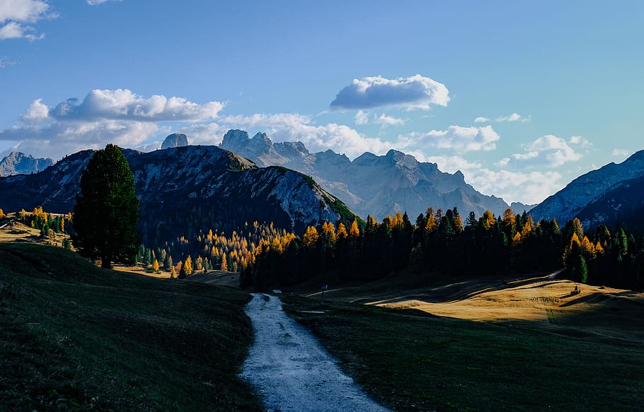 Mountain Under Blue Clouds, conifer, dawn, daylight, environment HD wallpaper
