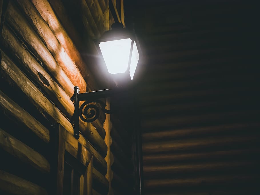 Light-up Scones, dark, lamp, log cabin, metal, night, wall, wall lamp, HD wallpaper