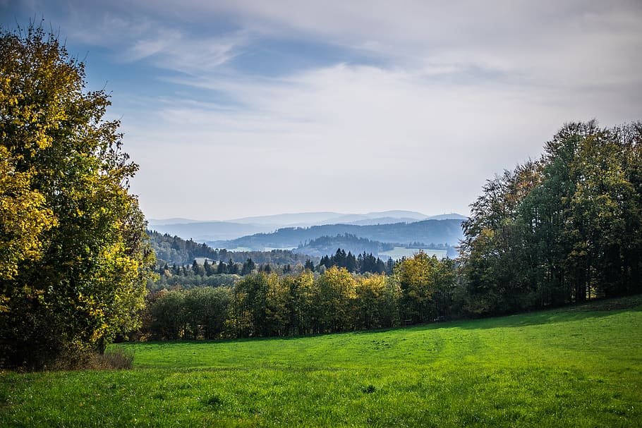 landscape, sky, autumn, nature, clouds, blue, trees, scene HD wallpaper