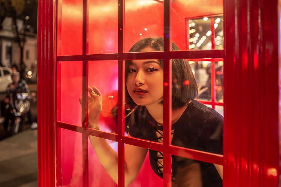 Woman Inside Red Telephone Booth, beautiful, payphone, person