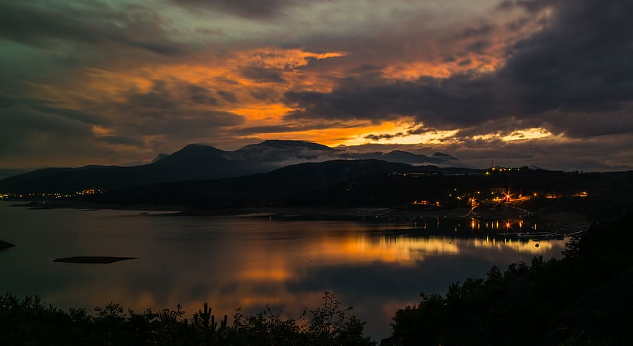 france, savines-le-lac, reflection, reflections, clouds, evening HD wallpaper