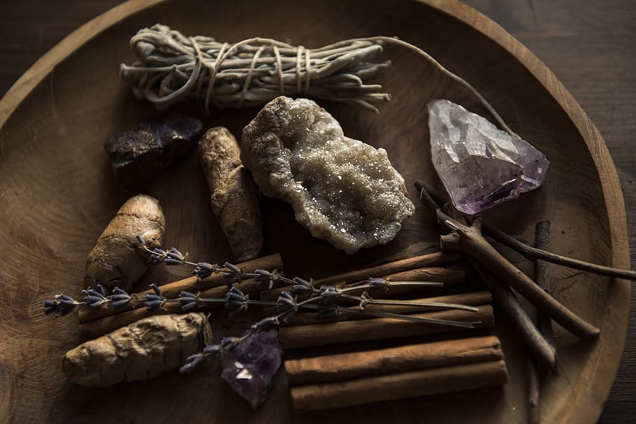 magic, crystals, gems, gemstones, dark, wood, food and drink HD wallpaper