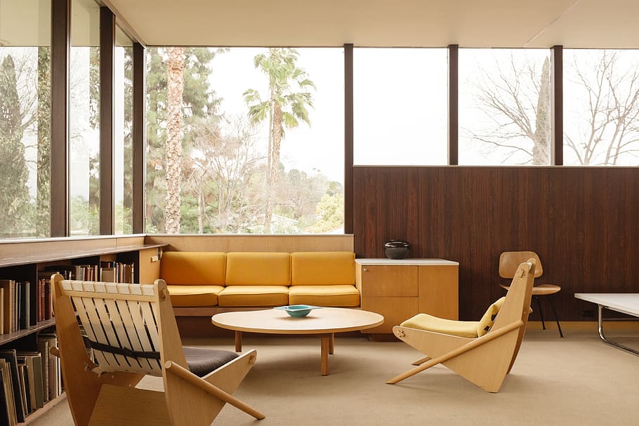 empty yellow fabric sofa set, table, window, seat, chair, indoors HD wallpaper