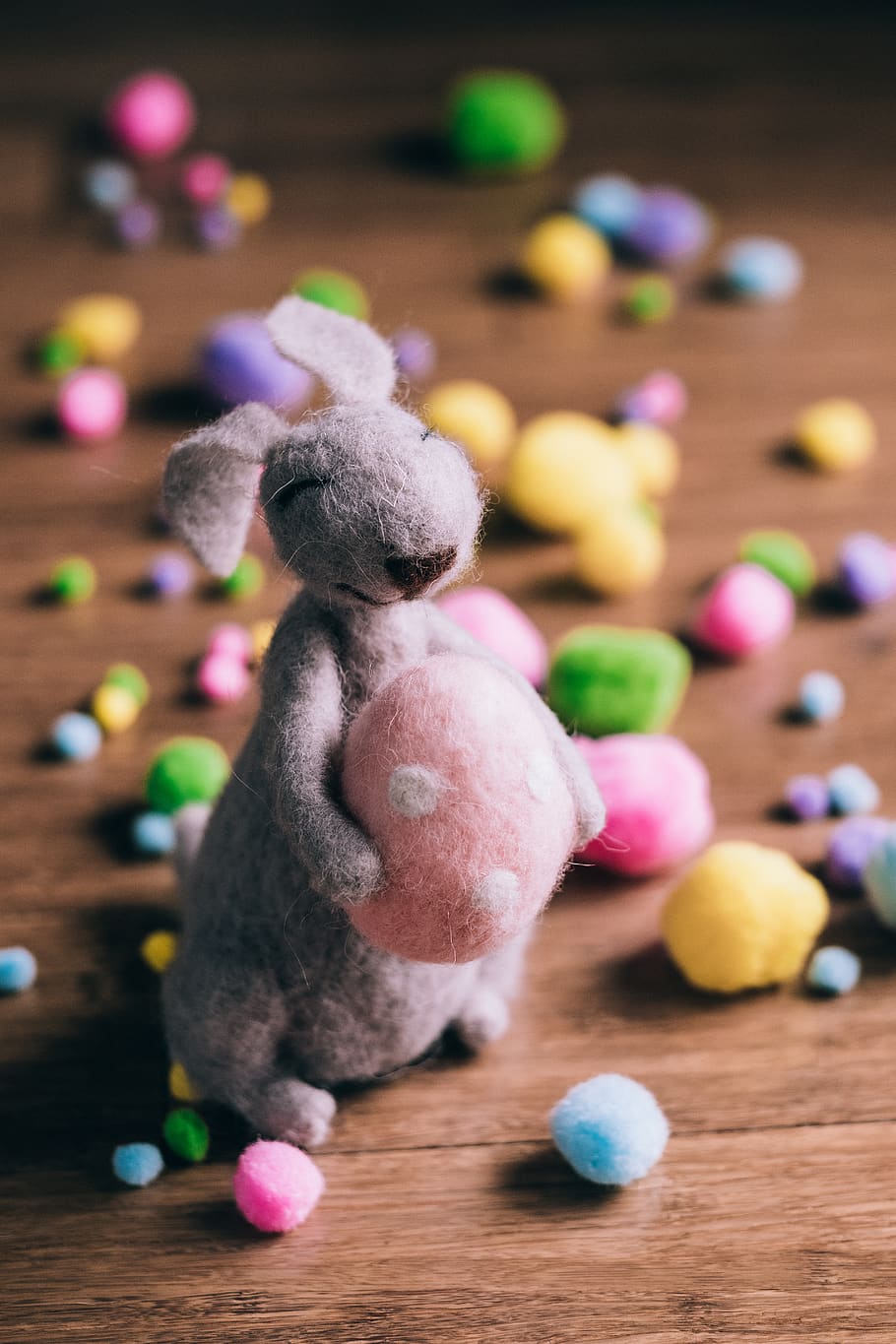 Gray Rabbit Plush Toy Holding an Egg, blur, color, representation HD wallpaper