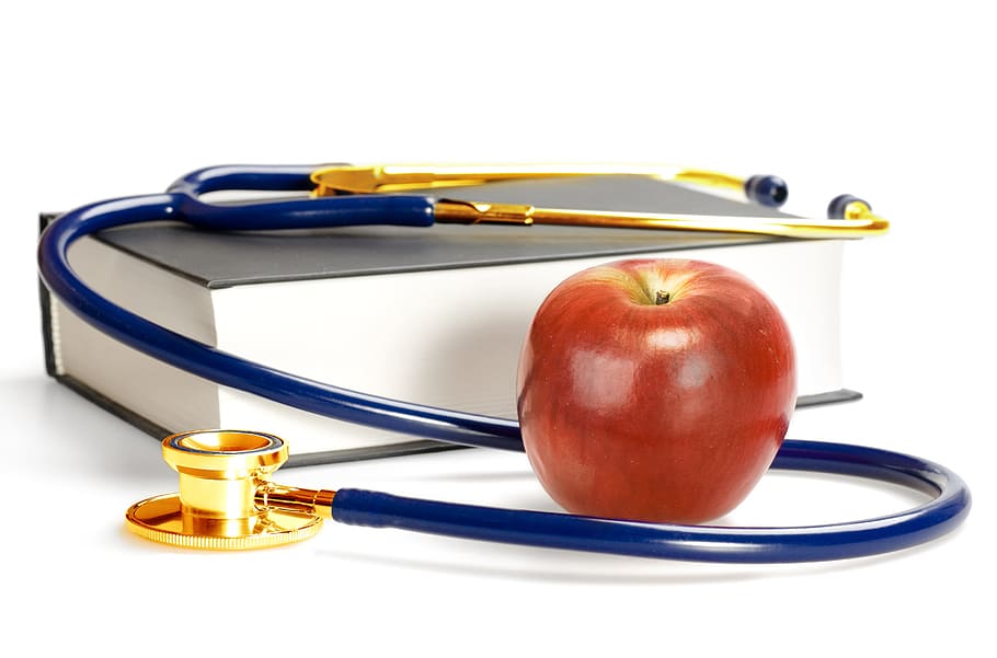 stethoscope, advice, apple, background, binder, book, cardiologist, HD wallpaper