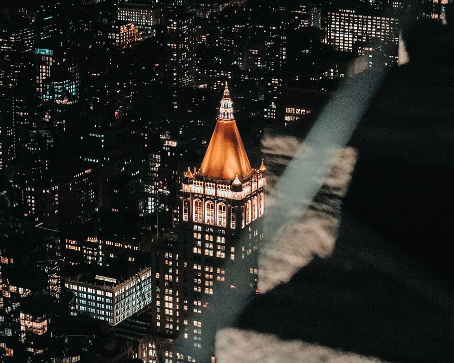 high rise building view at night, architecture, spire, steeple HD wallpaper
