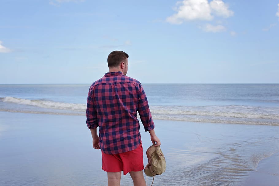 Man Holding Brown Hat Facing Beach, cap, daylight, landscape HD wallpaper