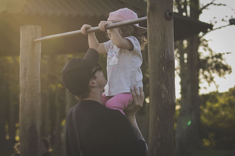 Man Helping Girl Exercise on Monkey Bar, active, activity, adult HD wallpaper