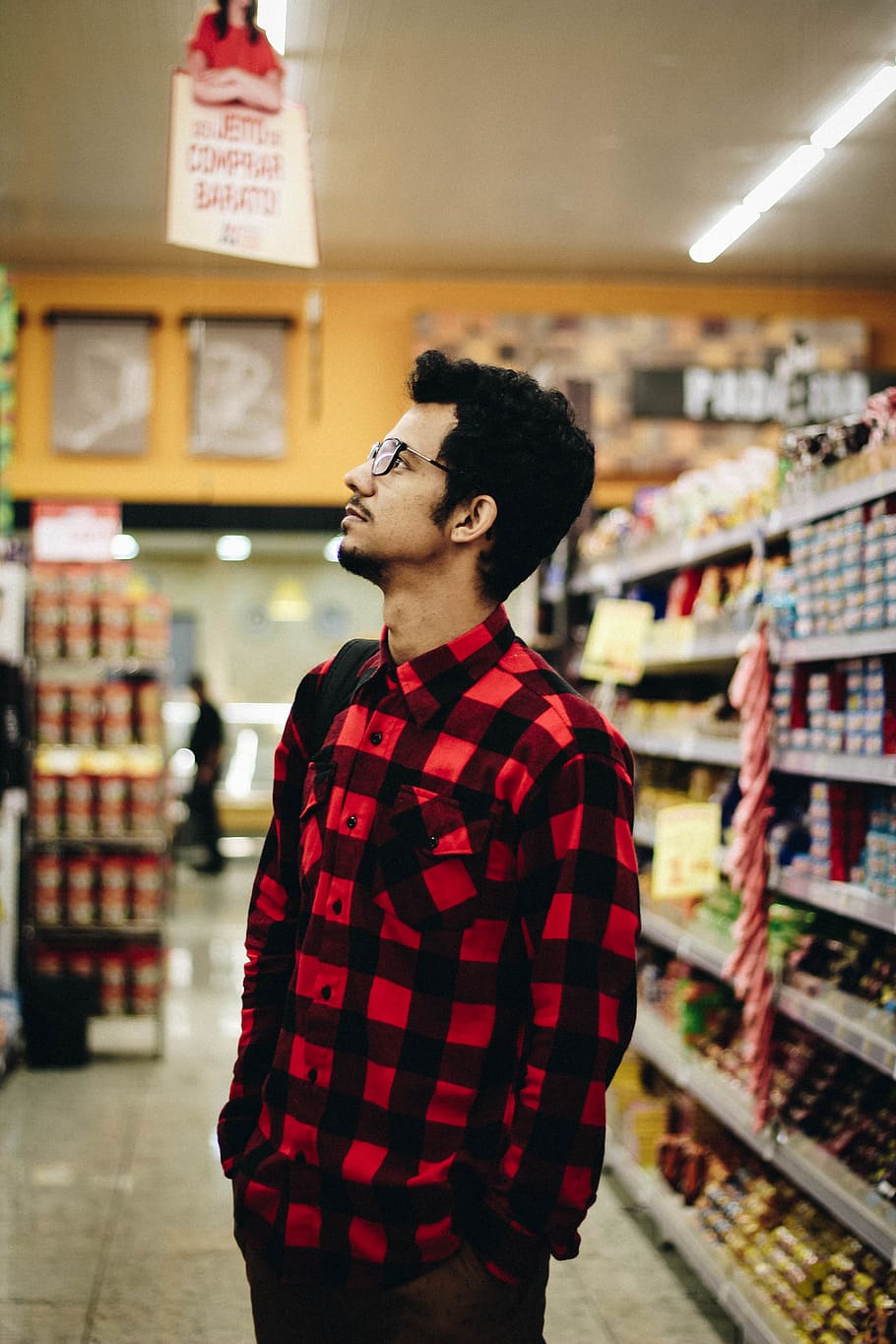 one person, standing, indoors, focus on foreground, store, shopping HD wallpaper