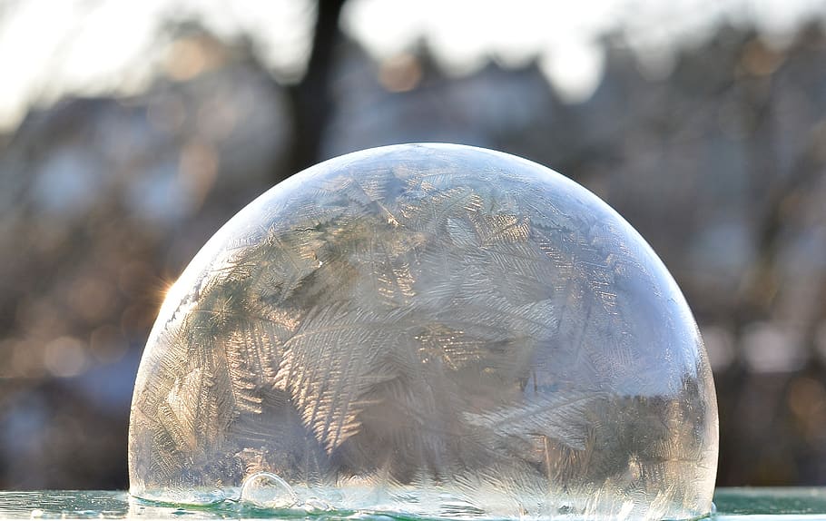 winter, frozen bubble, wintry, backlighting, focus on foreground HD wallpaper