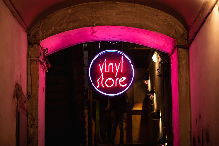 Vinyl Store neon light, illuminated, text, communication, no people HD wallpaper