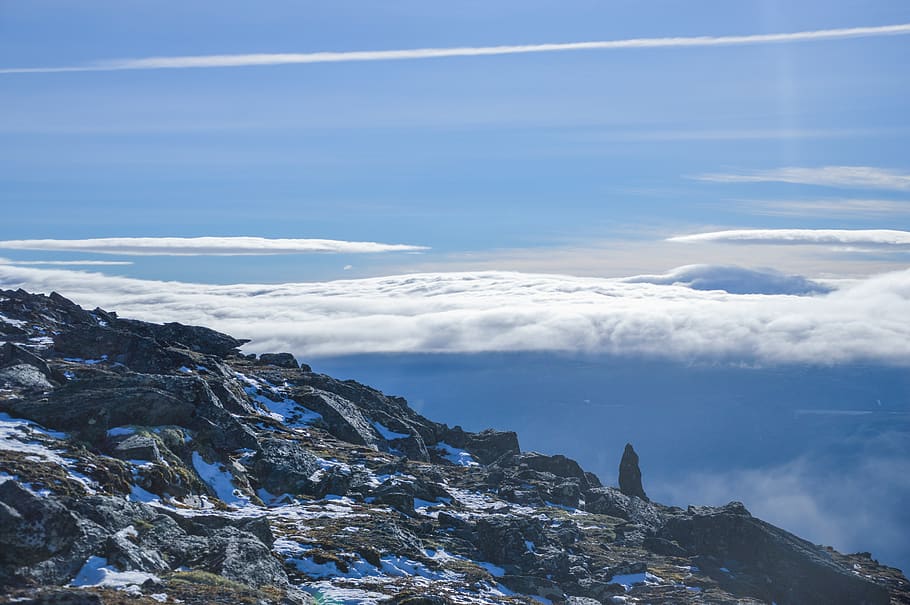 mountain, clouds, blue, sky, rocks, snow, norway, oppdal, sisihøa HD wallpaper