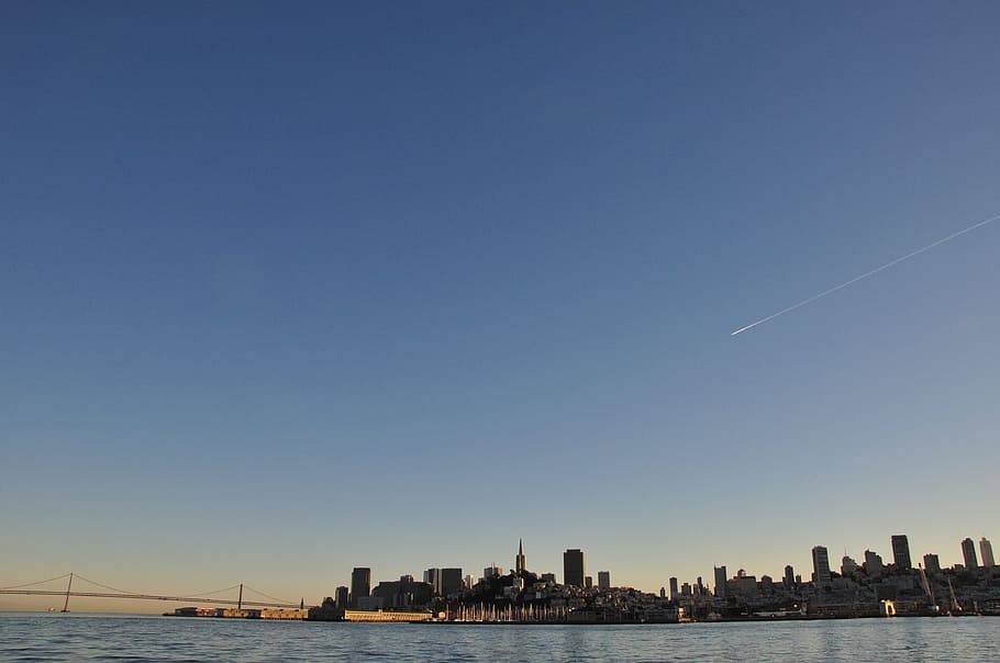 blue, sky, bridge, water, harbor, city, skyline, buildings HD wallpaper