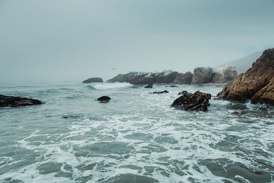 sea with large rocks, outdoors, water, nature, ocean, promontory HD wallpaper