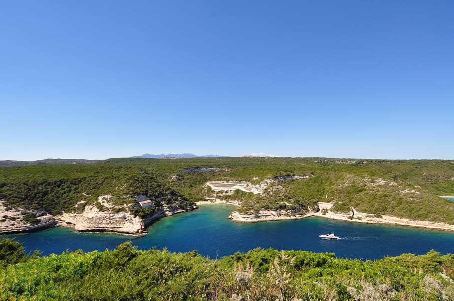 france, bonifacio, sea, cliff, boat, mediterranean, water, blue, HD wallpaper